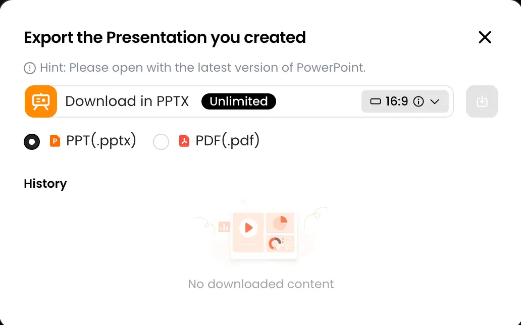 Presentation export popup