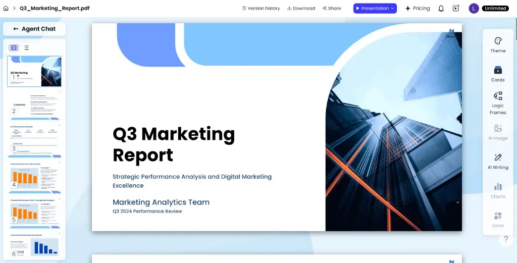 Marketing and sales report AI presentation example