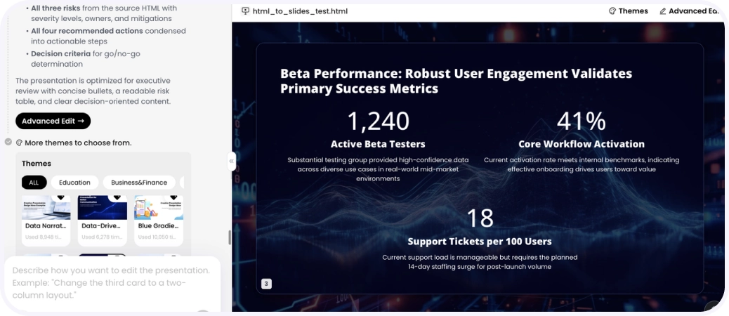 PPT slide showing key metrics from the HTML example