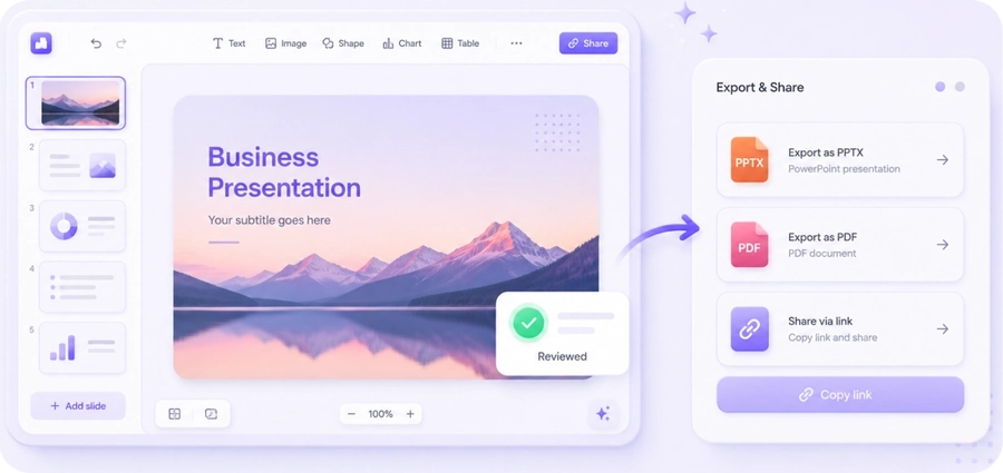 Review and export a presentation created from image content