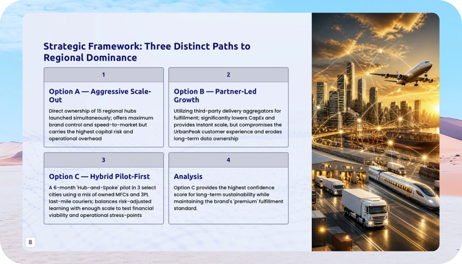 Business presentation slide showing an option comparison